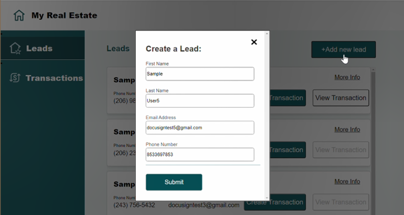 MyRealEstate sample app: Create a lead