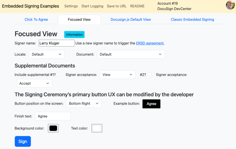 Testing a focused view session in the embedded signing test tool