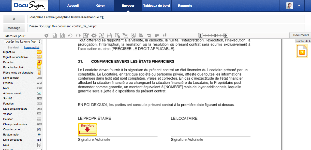 Insertion de balises sur la plateforme signature électronique DocuSign